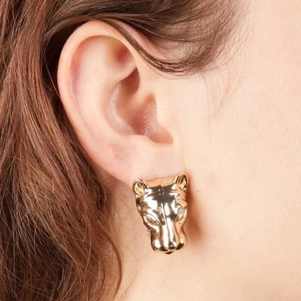 Alexis Bittar Panther Head Earrings – Gold Tone with Crystals